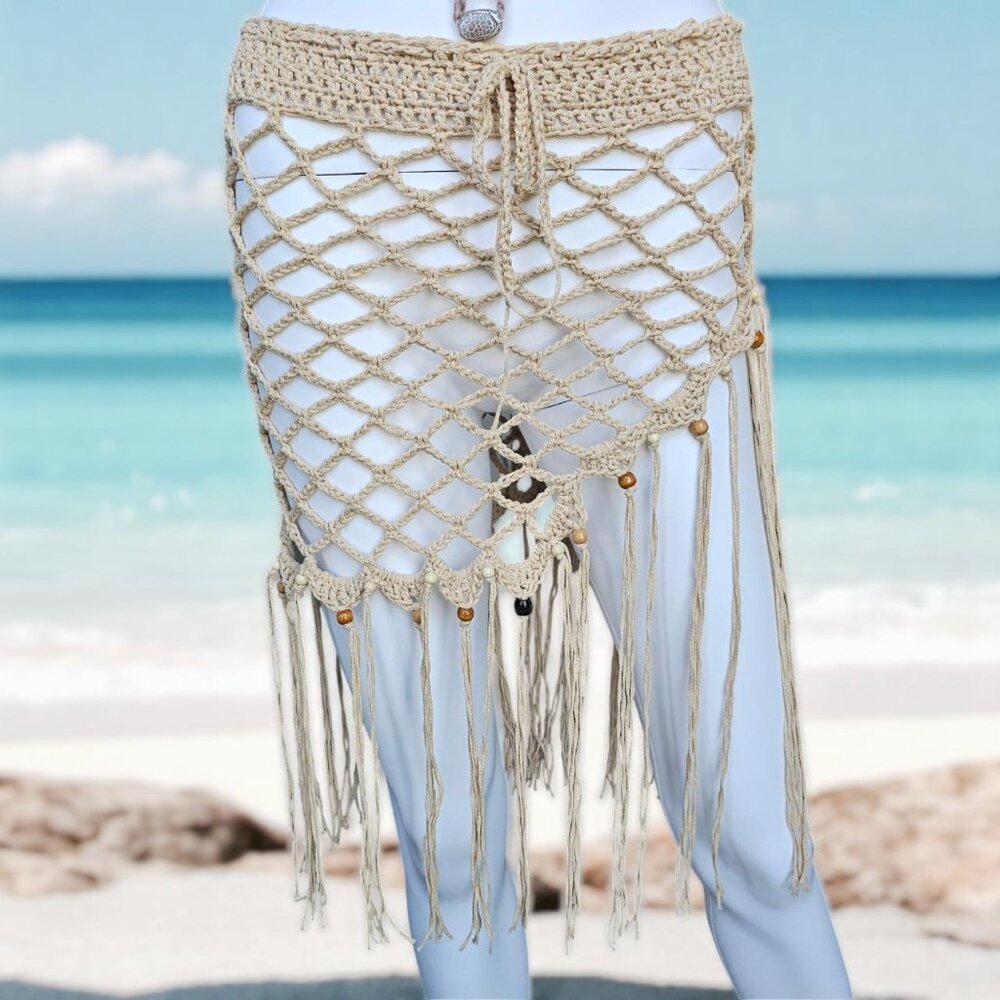 🧶 Handmade Crochet Mesh Skirt w/ Tassels | Beach Boho‎ Cover Up Skirt 🐚
